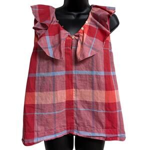 Isabella Sinclair Womens XL Plaid Ruffle Sleeveless Blouse Pink Red Cotton Top